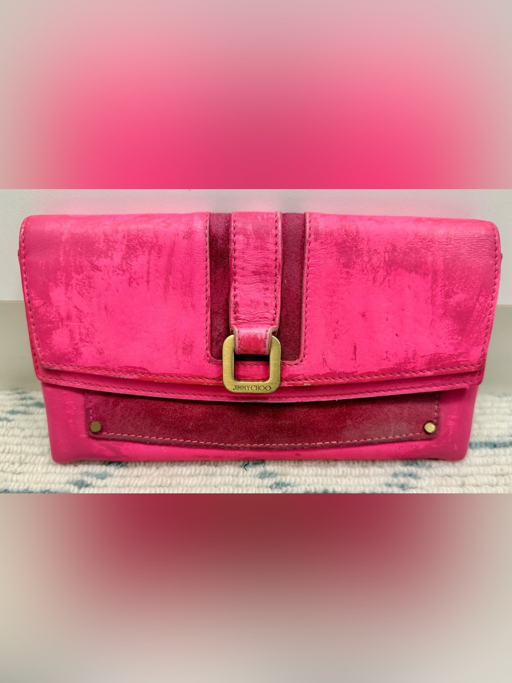JIMMY CHOO Y2K Barbicore Hot Pink Leather & Suede Continental Wallet - AS IS